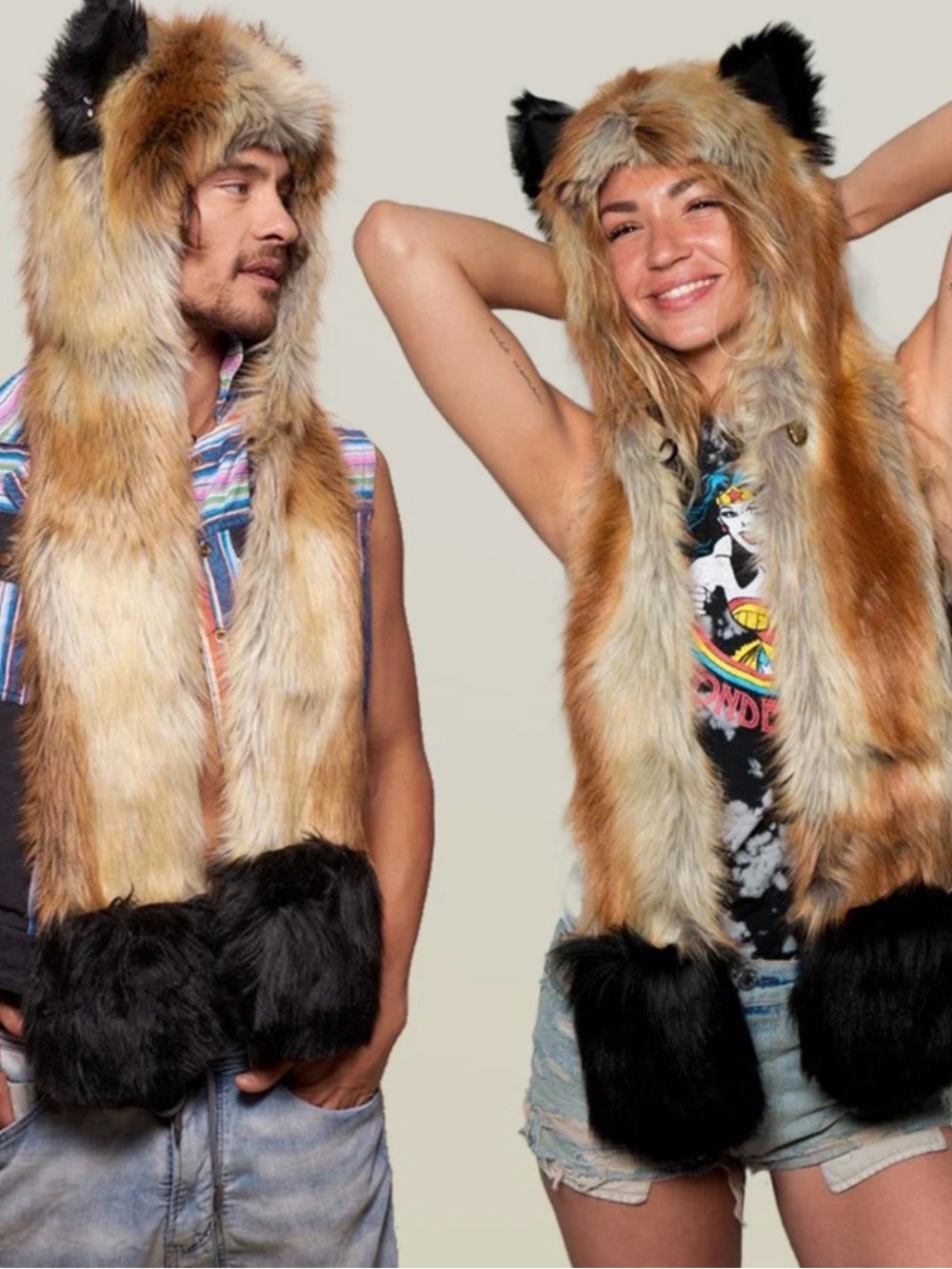 SpiritHoods Faux Fur Fox Hood - Tan and Black